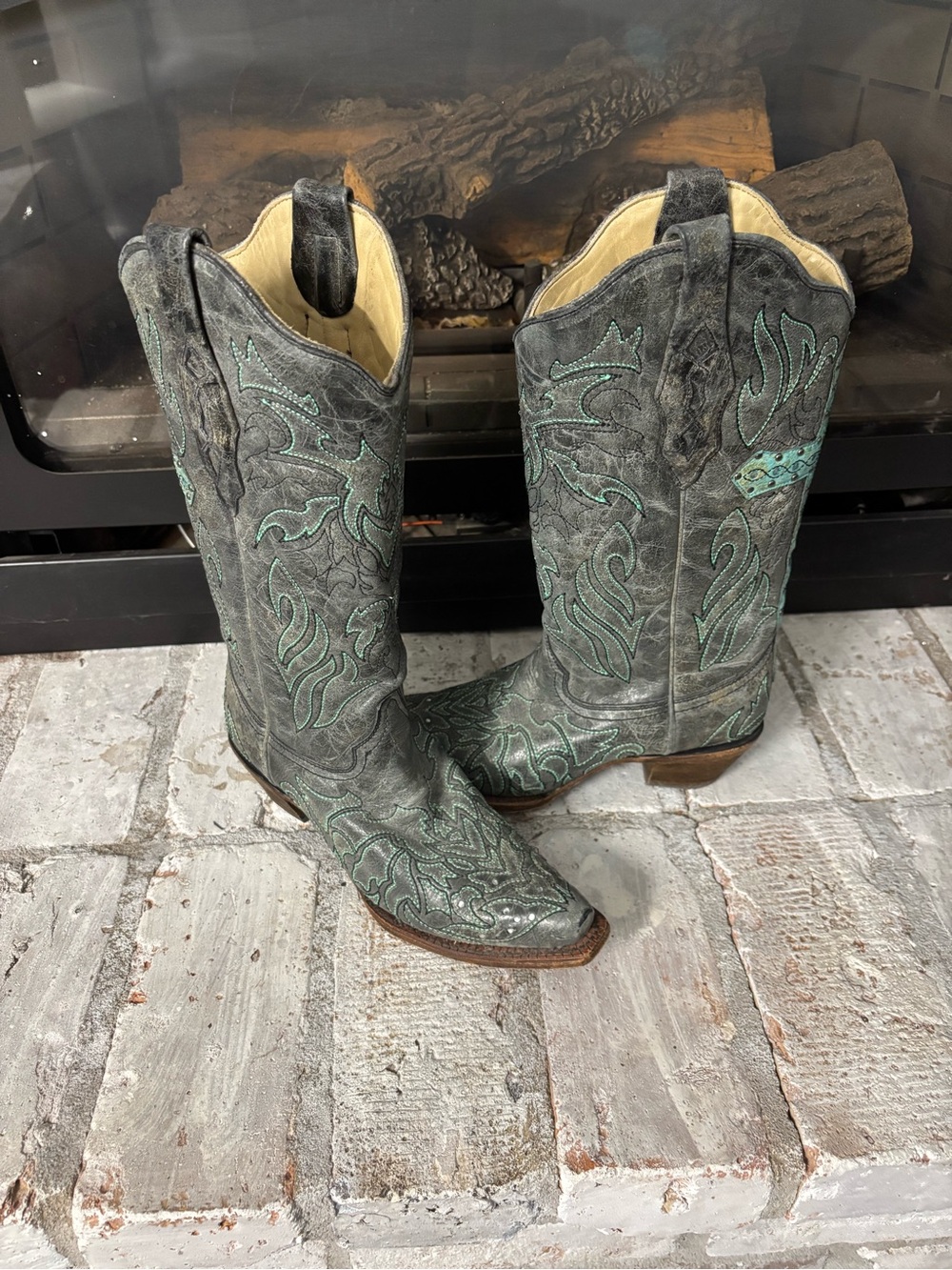 Corral Gray Leather Boots with Teal Stitching